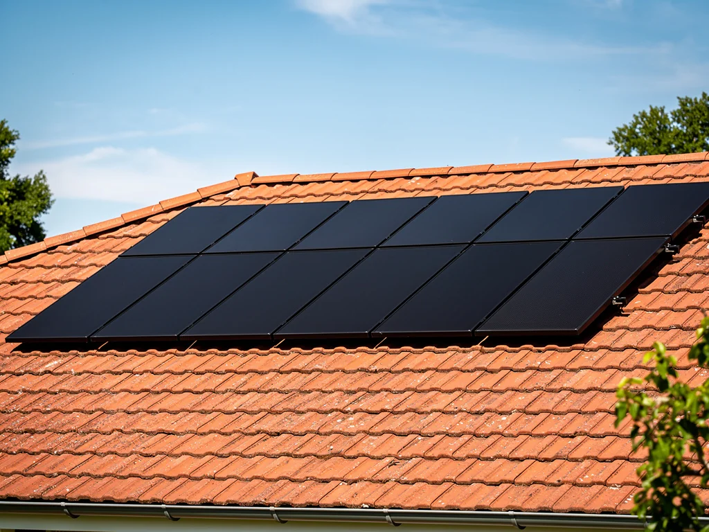 Rangée de panneaux solaires noirs alignés sur une toiture en tuiles
