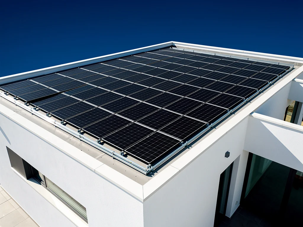 Champ de modules photovoltaïques sur le toit plat d'une maison moderne