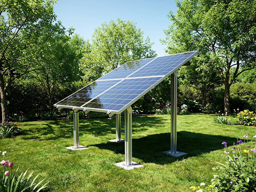 Panneaux solaires montés sur structure au sol dans un jardin arboré