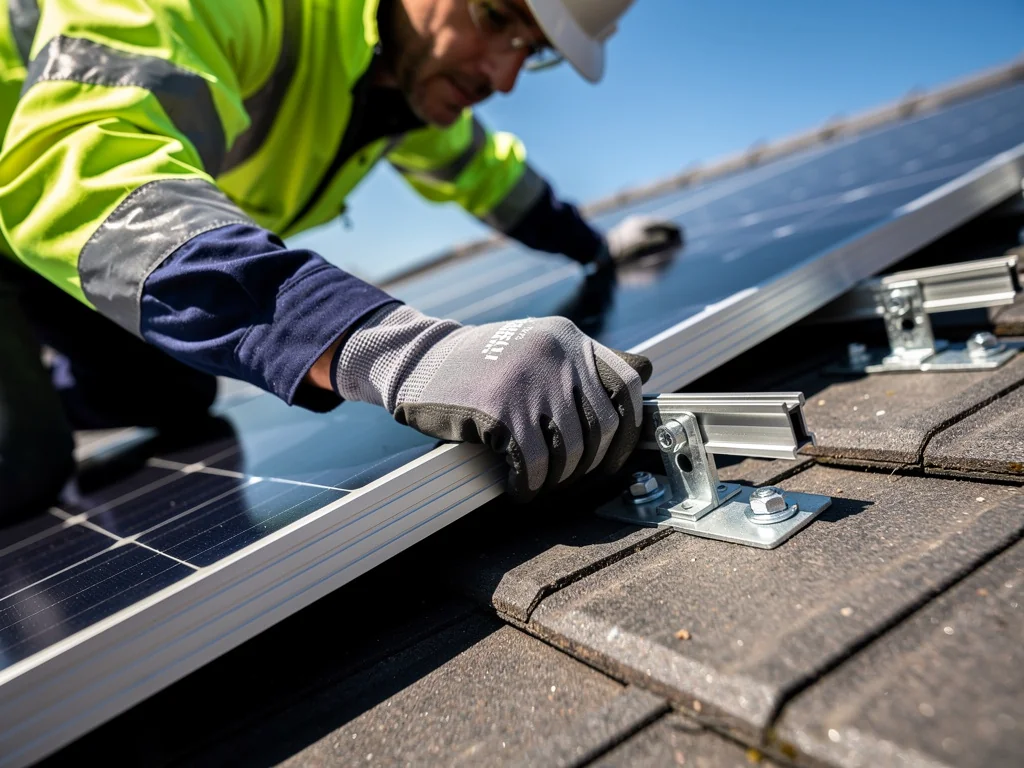 Poseur fixant un module photovoltaïque sur des rails de toiture