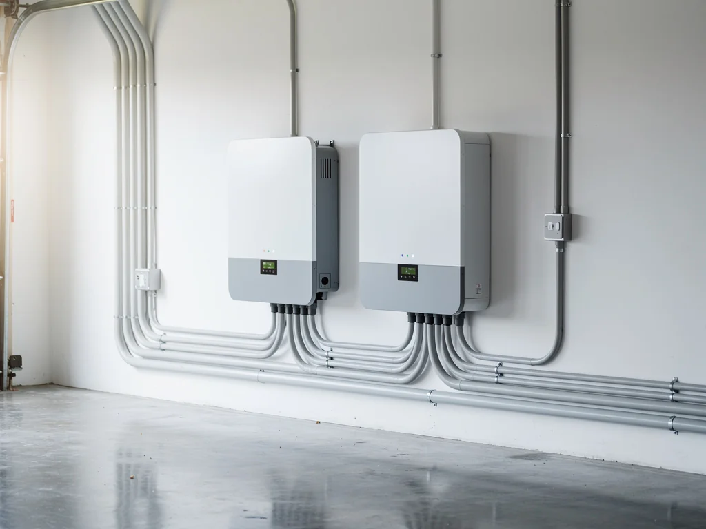 Onduleur solaire et batterie domestique installés le long d'un mur de garage