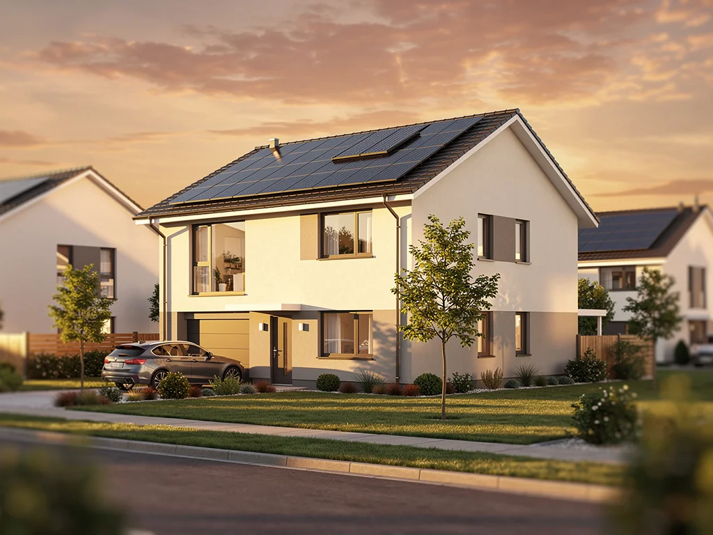 Pavillon coiffé de panneaux solaires sous un ciel de fin de journée